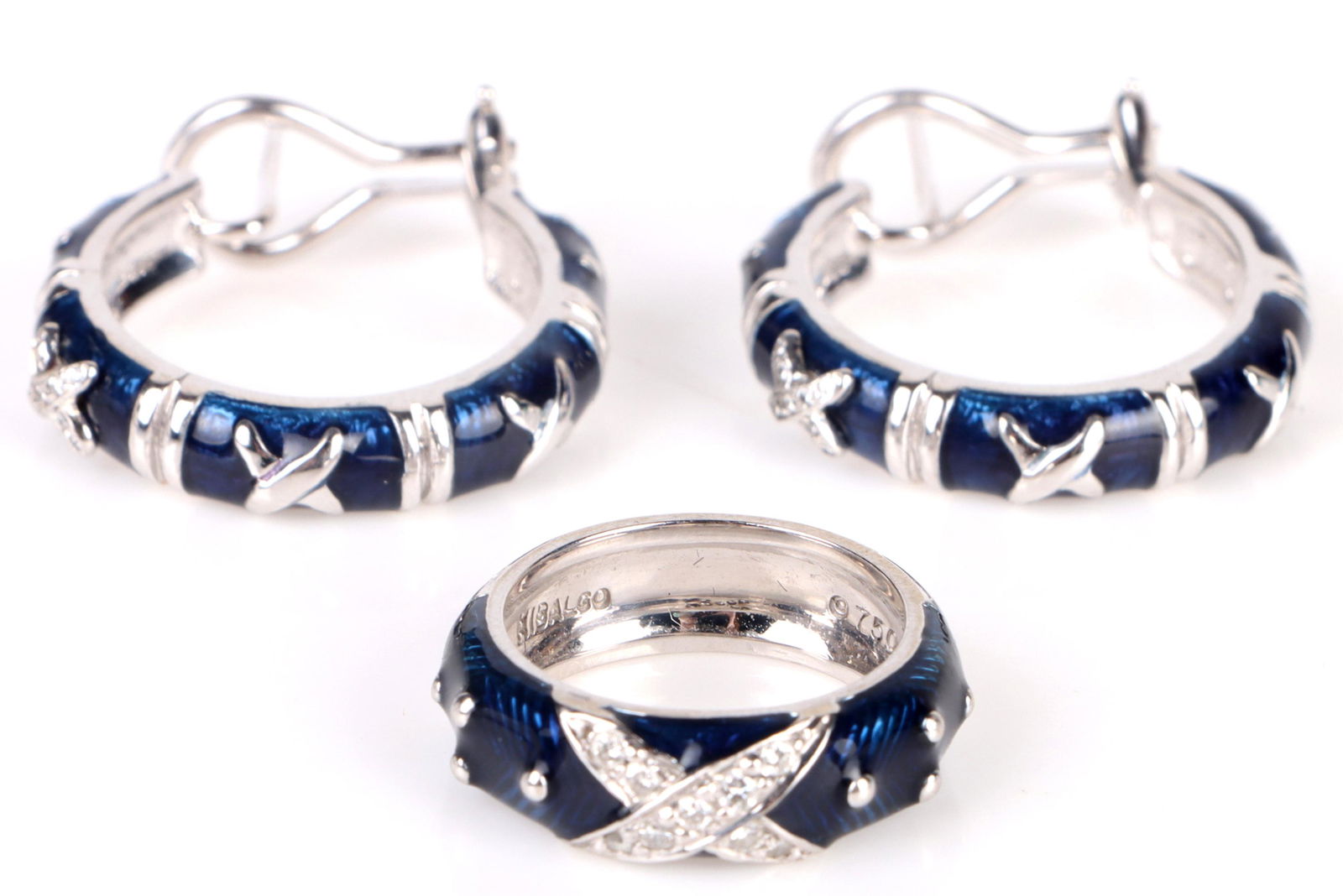 18K WHITE GOLD BLUE ENAMEL RING & EARRINGS SET-(3) (1 of 4)