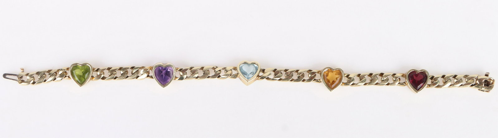 14K YELLOW GOLD HEART GEMSTONE LADIES BRACELET: 160069 14K YELLOW GOLD HEART GEMSTONE LADIES BRACELET 14k yellow gold heart gemstone ladies bracelet with one heart peridot, one amethyst, one blue topaz, one citrine, and one garnet.Stone Type: A