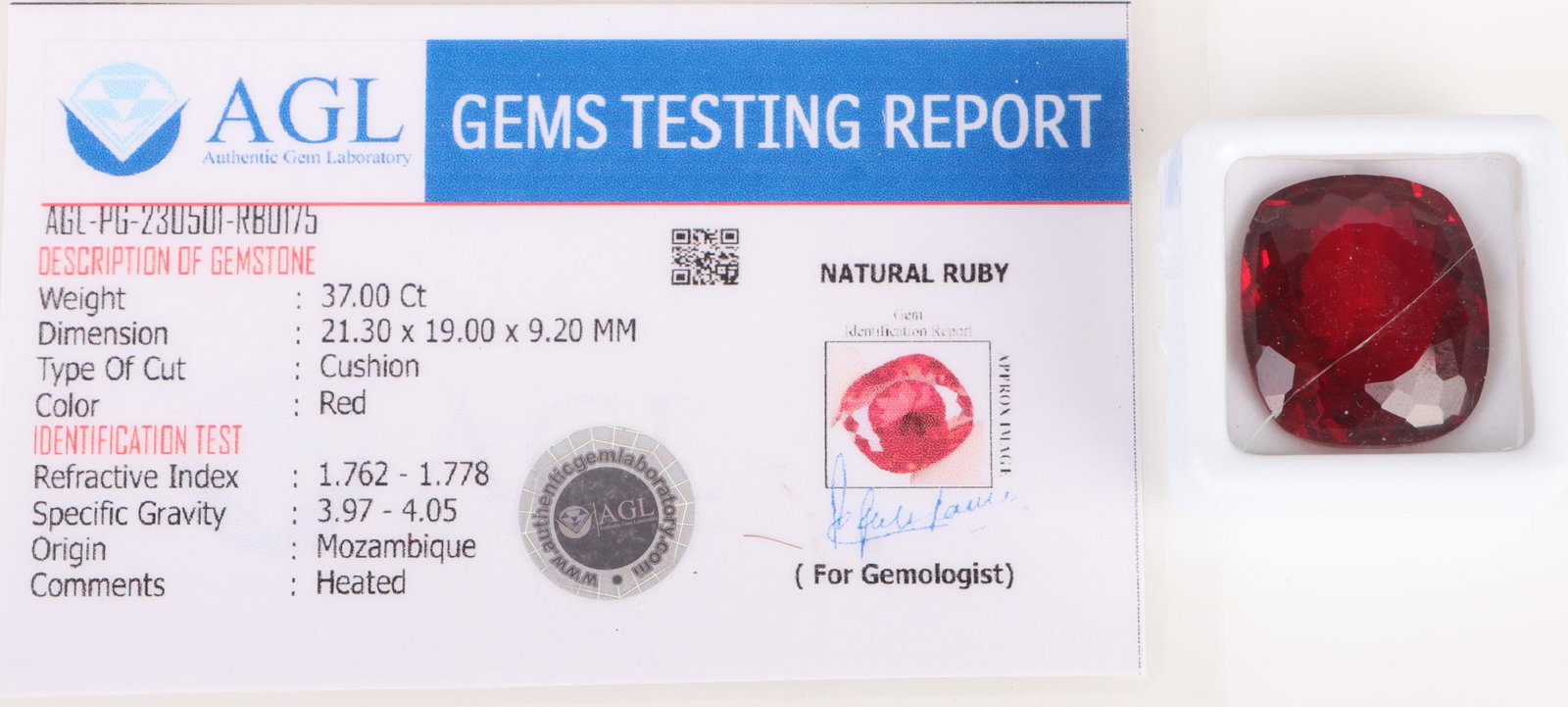 37.05CT GENUINE LOOSE RED RUBY W/ CERT. (1 of 3)