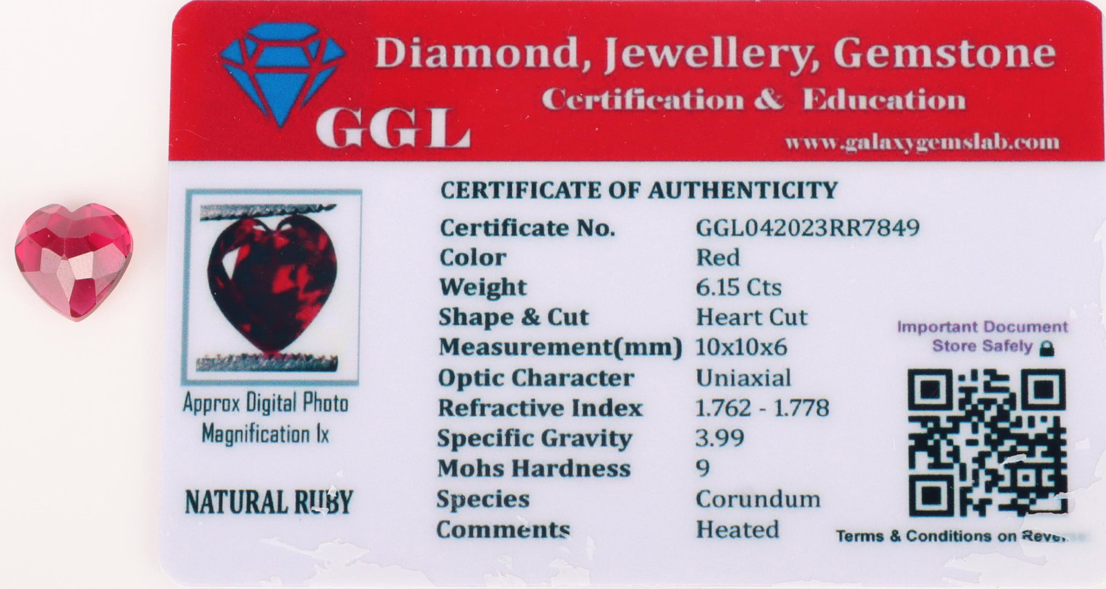 6.15CT GENUINE LOOSE RED HEART RUBY W/ CERT. (1 of 4)