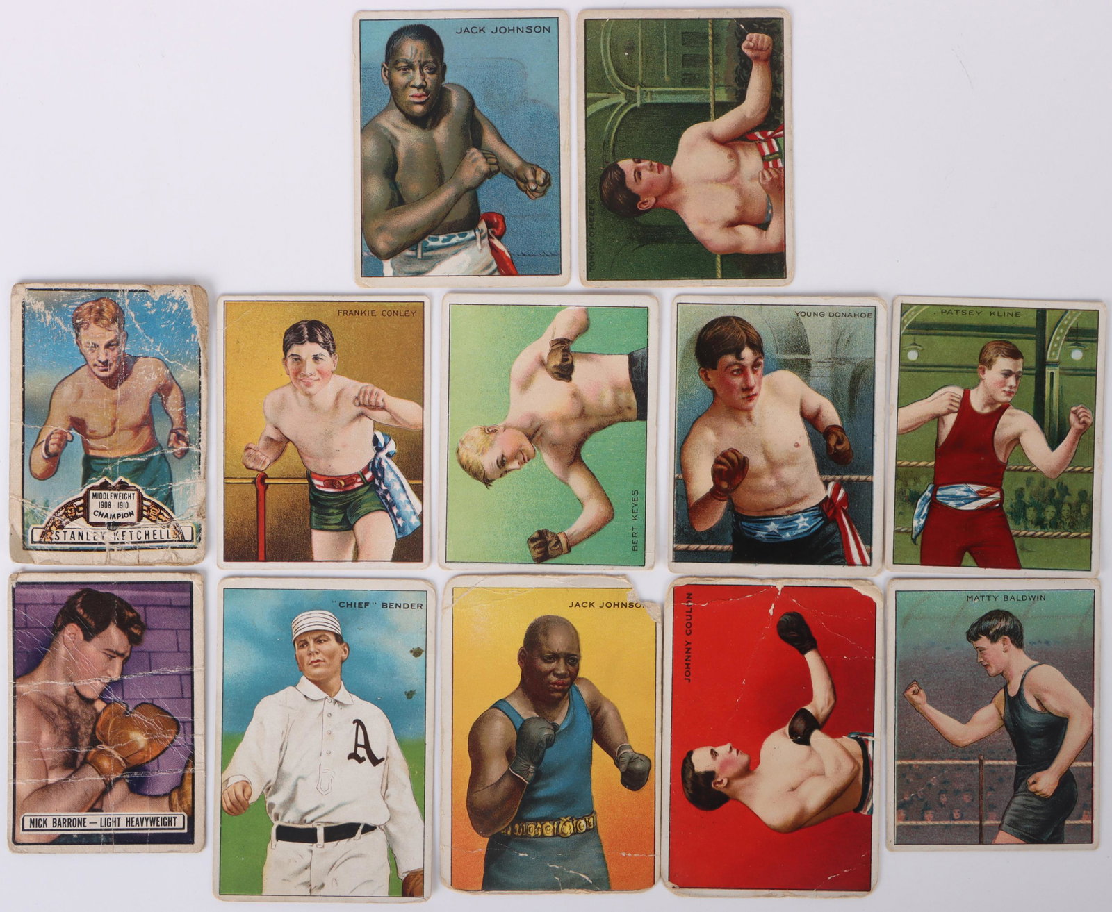 1912 HONEST LONG CUT BOXING & BASEBALL CARDS (12): 160195a 1912 HONEST LONG CUT BOXING & BASEBALL CARDS (12) Antique 1912 Honest Long Cut cigar boxing and baseball cards to Include Jack Johnson, Cheif Bender, Nick Barrone. Patsey Kline, Young Dana
