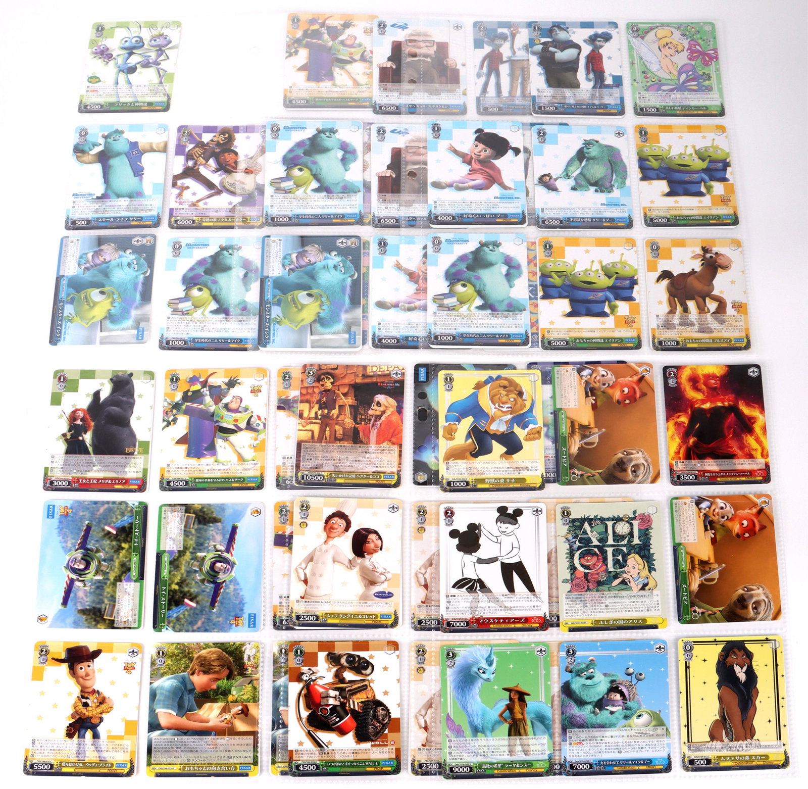 WEISS SCHWARZ PIXAR/DISNEY CARD ASSORTED LOT OF 81: 160255 WEISS SCHWARZ PIXAR/DISNEY CARD ASSORTED LOT OF 81 Weiss Schwarz Pixar and Disney Card Assorted. Lot of 81. Includes Cards Form: Monsters Inc., Toy Story 2 Toy Story 4 Toy Story 3, Wall-E,