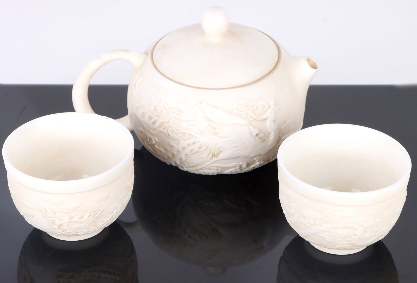 CHINESE WHITE CARVED PORCELAIN TEA SET FOR TWO (1 of 5)
