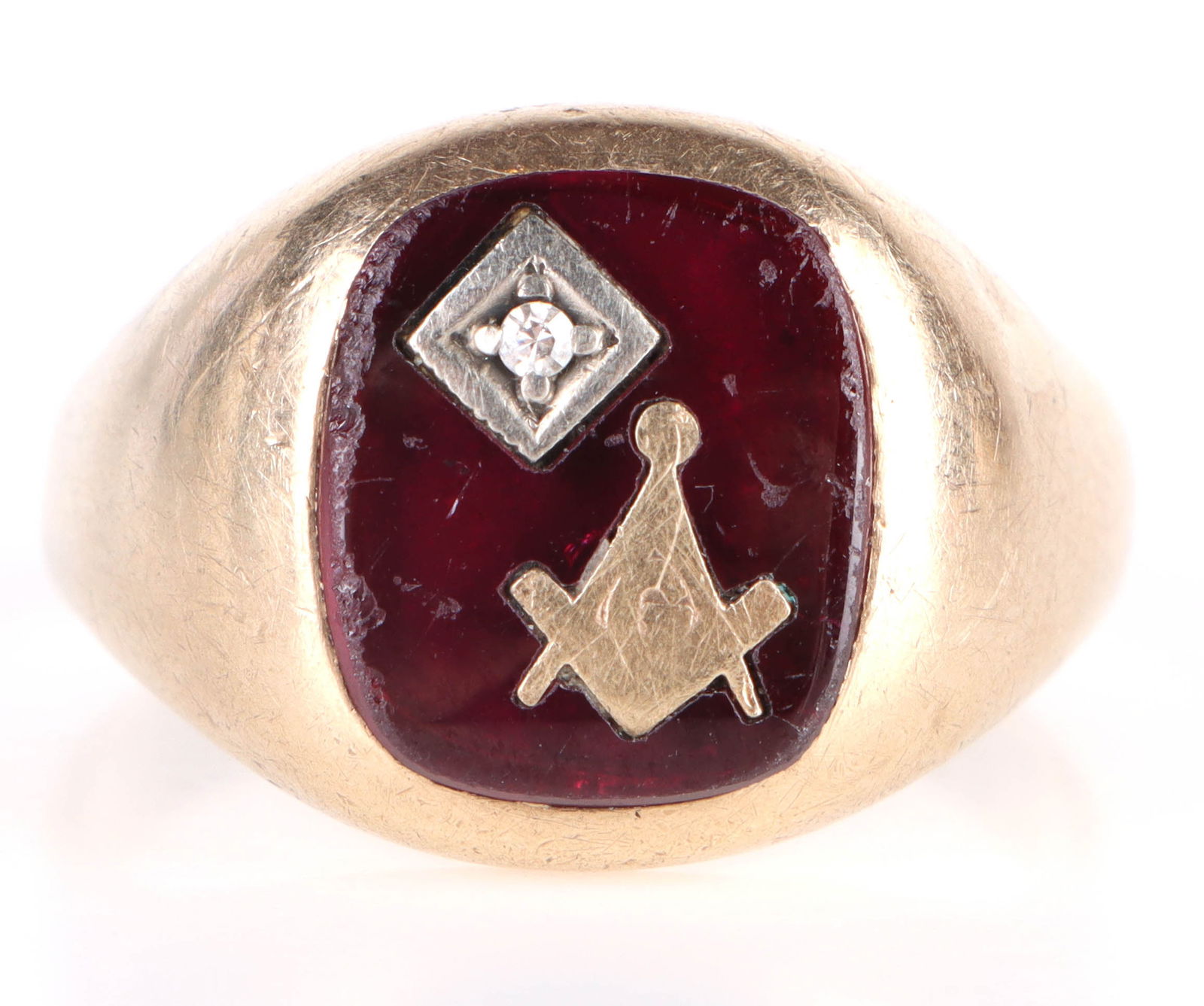 10K YELLOW GOLD RED TOPAZ SAPPHIRE MASONIC RING (1 of 2)