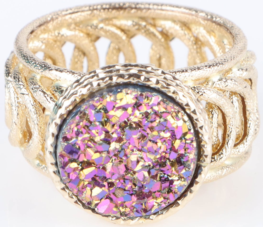 14K YELLOW GOLD PINK DRUZY QUARTZ LADIES RING (1 of 3)
