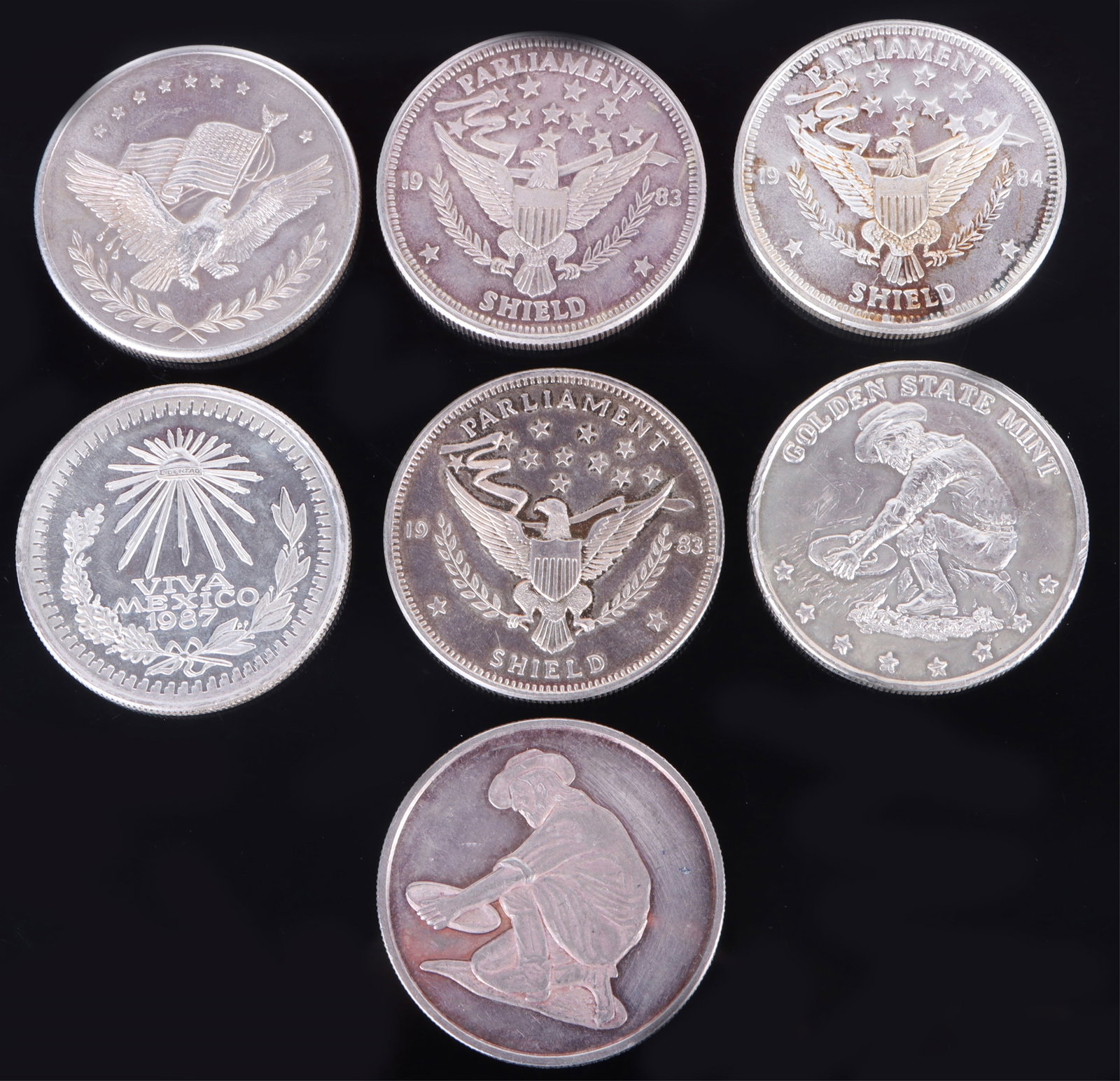 .999 SILVER BULLION 1OZT US & MEXICO ROUNDS - (7): 168290 .999 SILVER BULLION 1OZT US & MEXICO ROUNDS - (7) .999 silver bullion 1ozt US & Mexico rounds. Lot of 7. Weight: 7.0 Ozt Condition: Near mint.