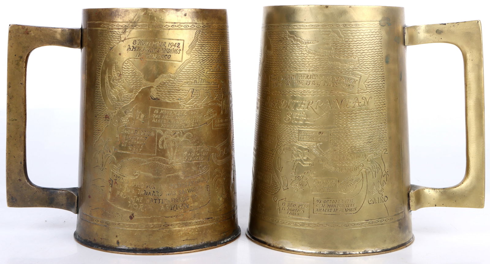 WW2 BRASS NORTH AFRICAN CAMPAIGN TANKARD PAIR (1 of 4)