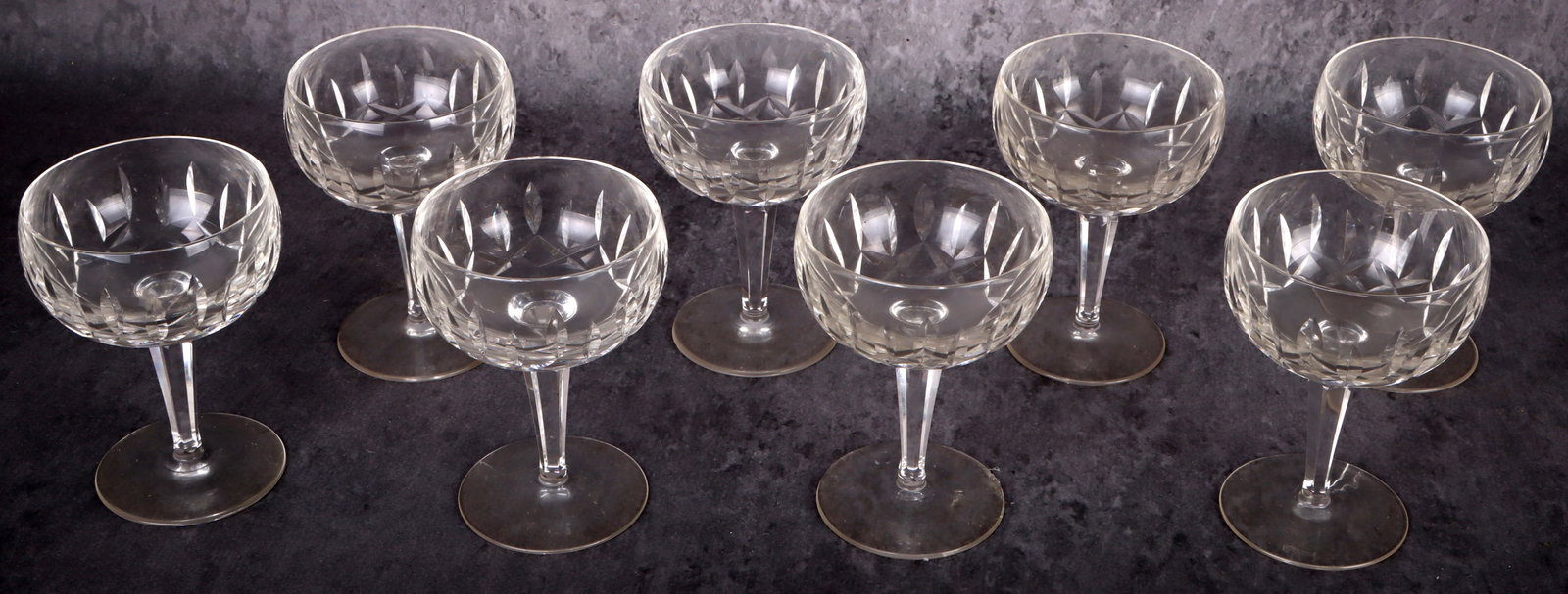 WATERFORD CRYSTAL KILDARE SHERBET GLASSES - (8): 169292 WATERFORD CRYSTAL KILDARE SHERBET GLASSES - (8) Waterford Crystal Kildare claret glasses - lot of 4. All glasses are marked Waterford. Size: 5.25" Tall Condition: Wear commensurate with age.