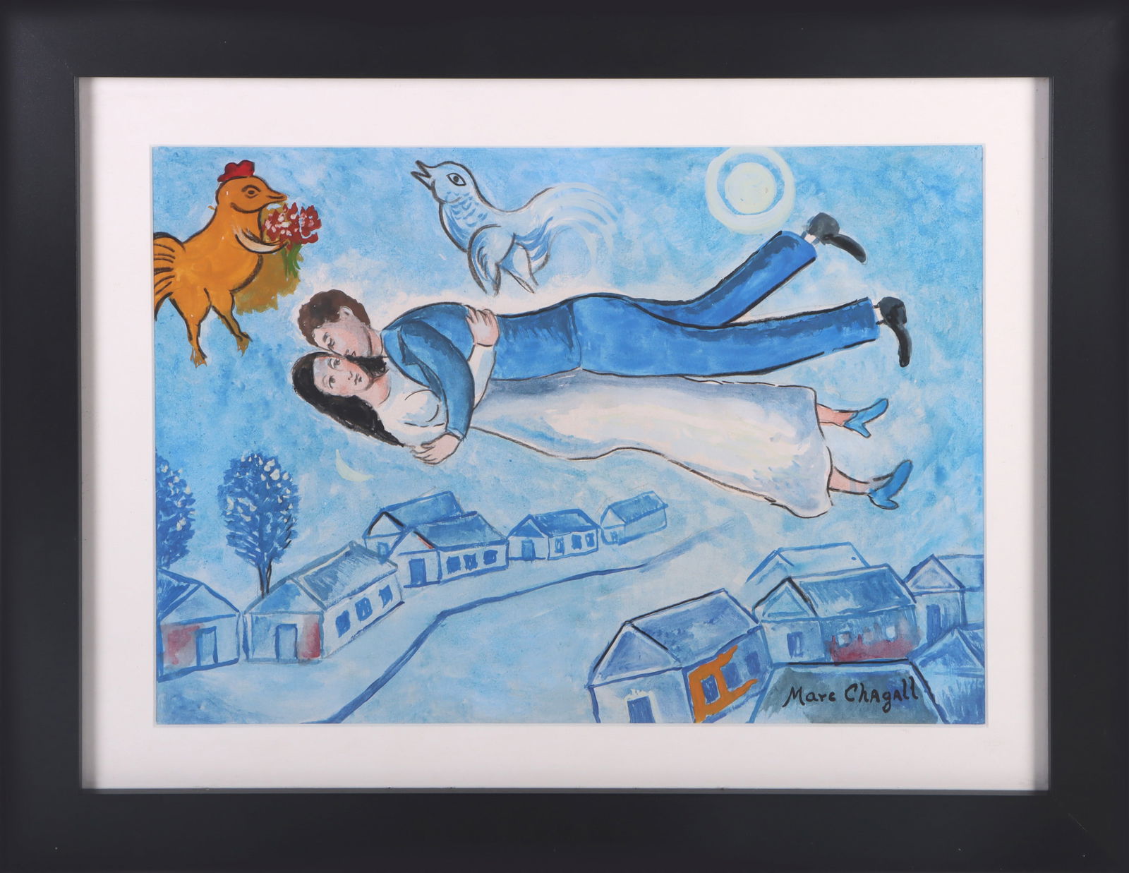 MARC CHAGALL ORIGINAL LOVERS OIL PAINTING (AFTER): 170156 MARC CHAGALL ORIGINAL LOVERS OIL PAINTING (AFTER) Marc Chagall (1887-1985, French) original "Lovers" oil painting. This painting, although an original was done in the manner of Chagall with the