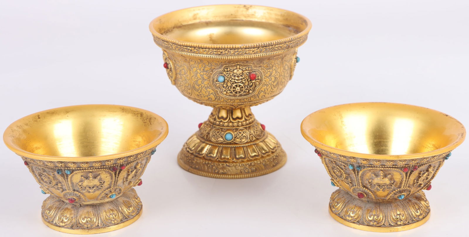 TIBETAN BUDDHIST OFFERING GOLD-TONED BOWL SET (1 of 3)