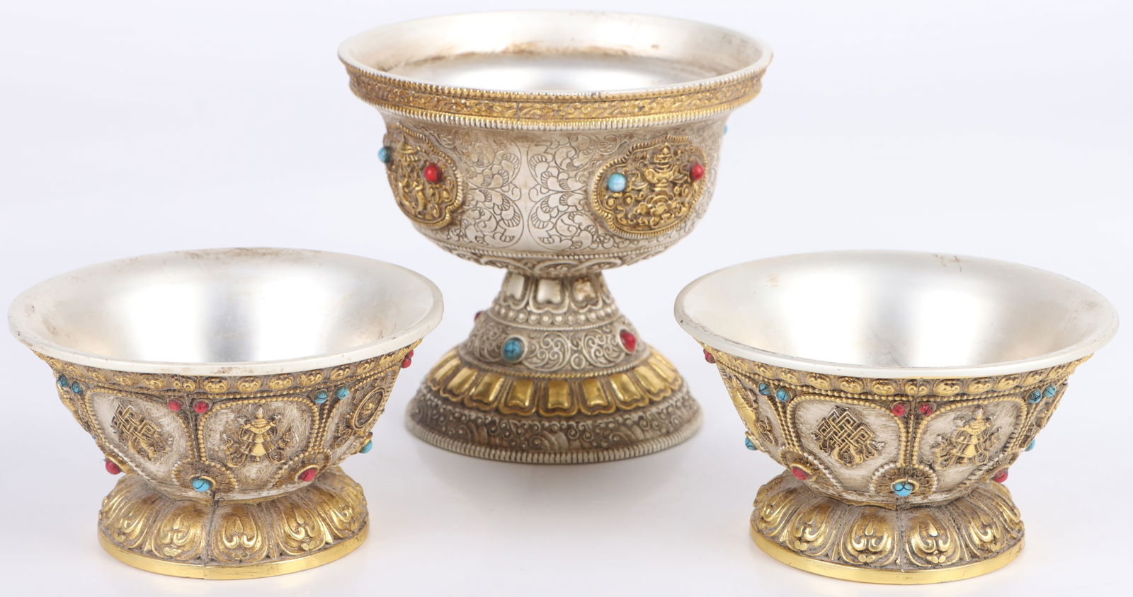 TIBETAN BUDDHIST OFFERING SILVER-TONED BOWL SET (1 of 3)