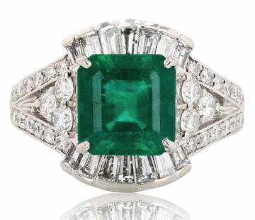 3.61CT EMERALD & 1.52CTW DIAMOND PLATINUM RING: 171031 3.61CT EMERALD & 1.52CTW DIAMOND PLATINUM RING Platinum Emerald & Diamond Ring One polished, stamped, and tested platinum ring with a bright finish. The ring is mounted with: 1 genuine