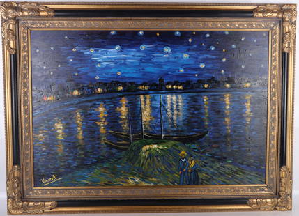 VINCENT VAN GOGH OIL PAINTING THE RHONE (AFTER): 171118 VINCENT VAN GOGH OIL PAINTING THE RHONE (AFTER) In the manner of Vinecnt Van Gogh (1853-1890, Dutch) oil painting of Starry Night Over The Rhone. This is an original oil paining done after Vinc