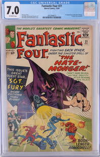 FANTASTIC FOUR #21 (1ST HATE-MONGER) CGC 7.0: 171127 FANTASTIC FOUR #21 (1ST HATE-MONGER) CGC 7.0 Fantastic Four #21 CGC graded 7.0 1st appearance of the Hate-Monger. 1st Sgt. Fury Crossover. Off-White pages. Condition: CGC 7.0 Comic books