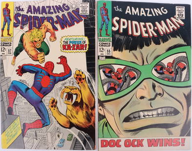 AMAZING SPIDER-MAN #55 & #57 COMIC BOOKS: 171146 AMAZING SPIDER-MAN #55 & #57 COMIC BOOKS Amazing Spider-Man #55 (Iconic cover art by John Romita Sr.) and Amazing Spider-Man #57 (First meeting of Spider-Man and Ka-Zar) comic