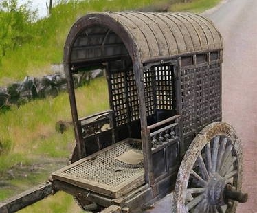 17TH C. QING DYNASTY COVERED CARRIAGE / WAGON: 171287 17TH C. QING DYNASTY COVERED CARRIAGE / WAGON 17th Century Qing dynasty covered Chinese carriage wagon. Appears genuine in every respect. Thatched roof. This item will need to be picked up