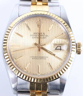 ROLEX DATEJUST 16013 TAPESTRY CHAMPAGNE DIAL: 172087a ROLEX DATEJUST 16013 TAPESTRY CHAMPAGNE DIAL 1988 Rolex DateJust 36mm wristwatch model # 16233 with tapestry champagne dial and Rolesor two-tone yellow gold and stainless steel jubilee bracele