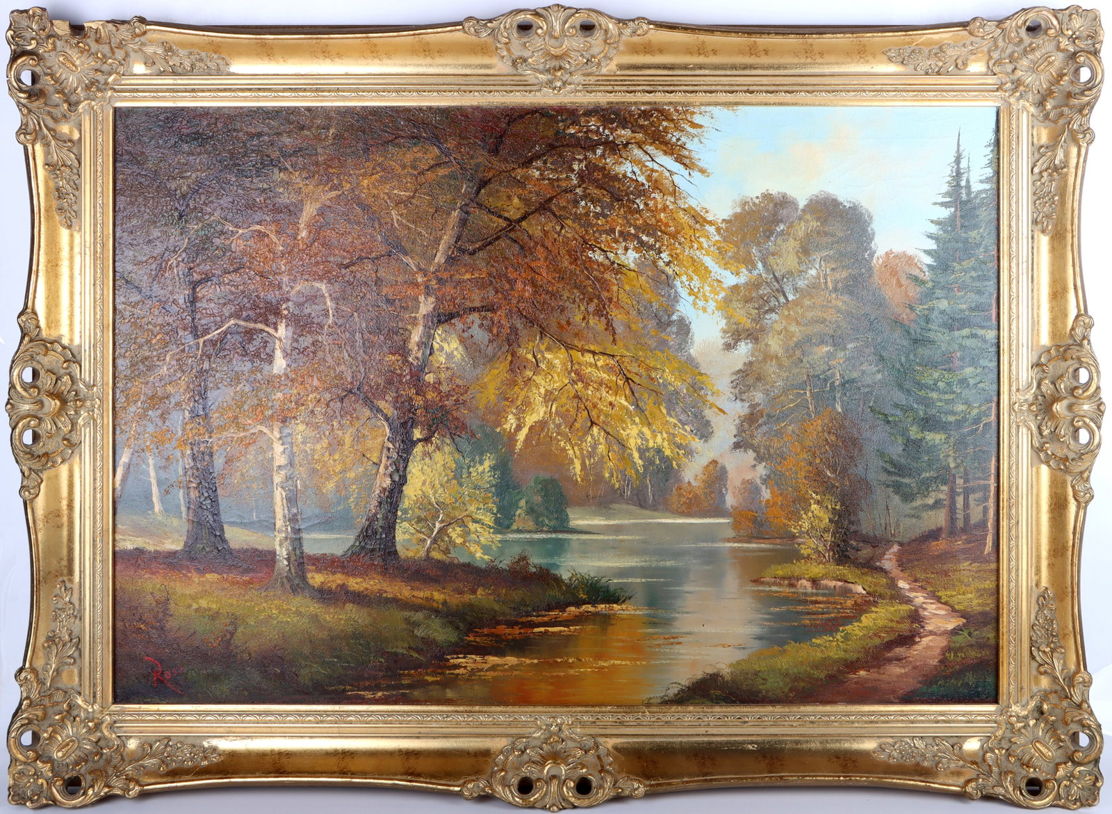 BOB ROSS OIL PAINTING "FOREST TRAIL" - AFTER: 175233 BOB ROSS OIL PAINTING "FOREST TRAIL" - AFTER Original Oil painting of a colorful autumn afternoon in a vast forest in the manner of Bob Ross. Painting features superb use of warm colors and orn
