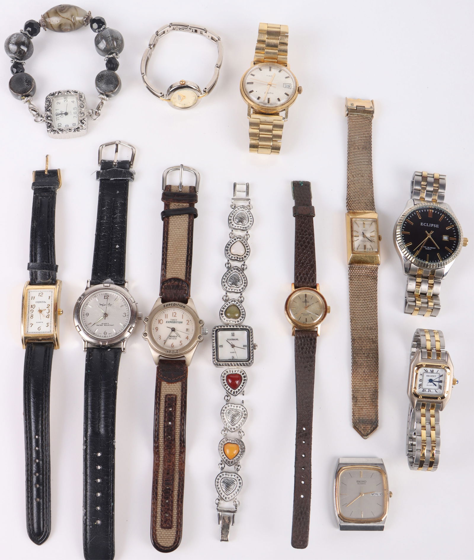 COLLECTIBLE LEATHER & STEEL WRISTWATCHES - (11): 176084 COLLECTIBLE LEATHER & STEEL WRISTWATCHES - (11) Collectible leather and steel wristwatches to include Eclipse, Timex, Copezio, Sekio, Svap, Timex Expedition, Regent and more. Eleven watches tot