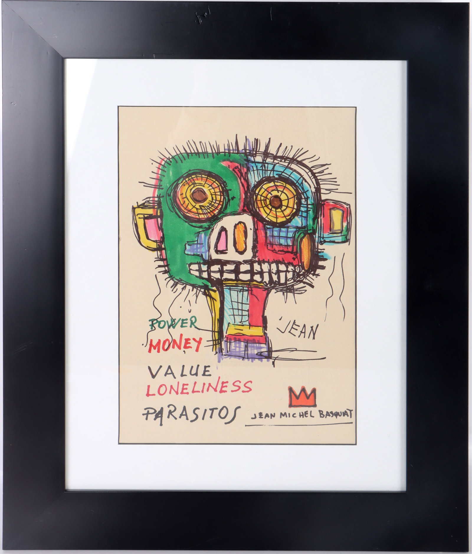 AFTER JEAN-MICHEL BASQUIAT INK ON PAPER ARTWORK: 176195 AFTER JEAN-MICHEL BASQUIAT INK ON PAPER ARTWORK After Jean-Michel Basquiat ink on paper original artwork. Reads "Power, Money, Value, Loneliness, Parasitos" This is not a print. See stamp image