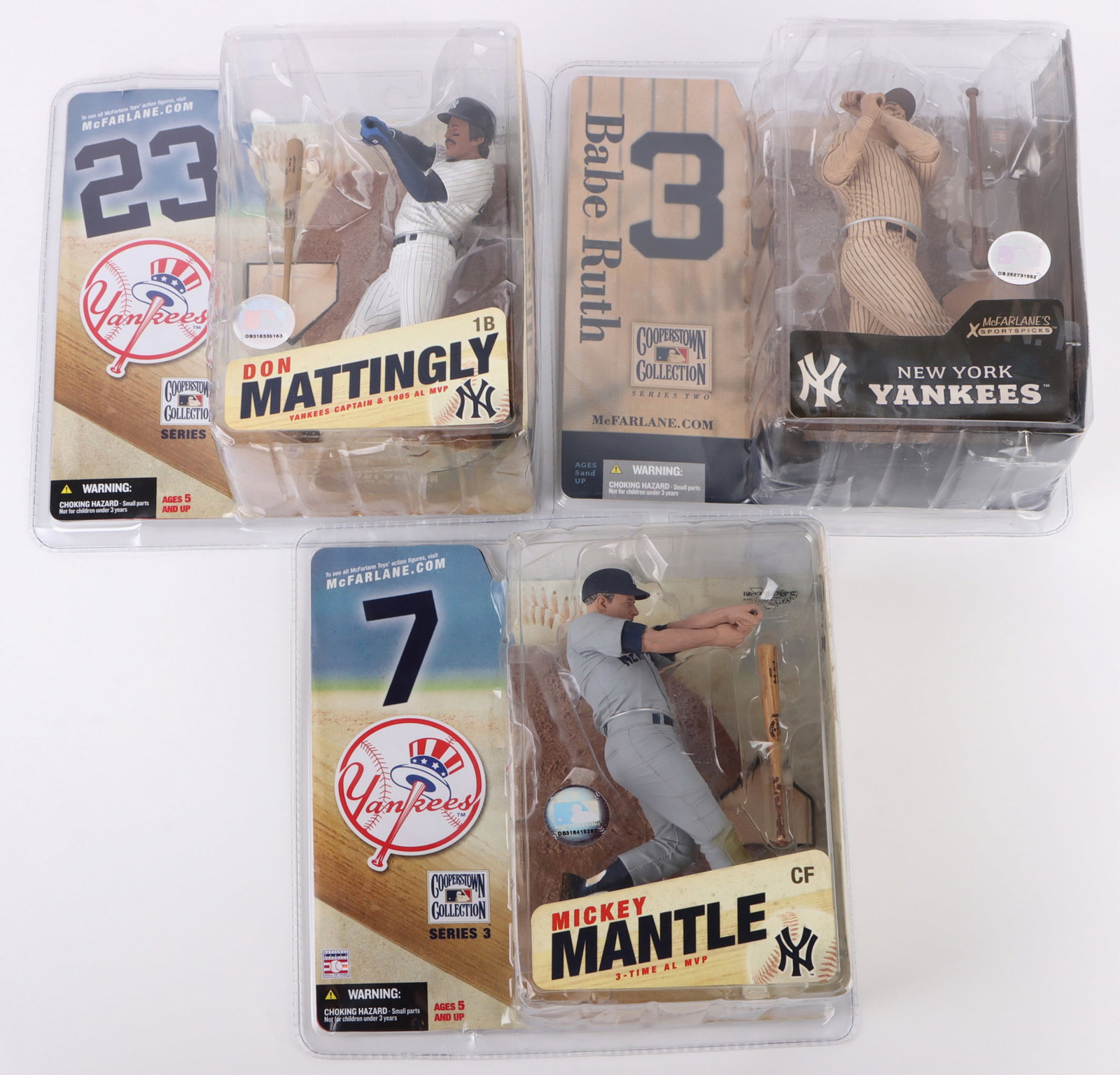 MCFARLANE SERIES MATTINGLY, RUTH & MANTLE FIGURES: 176261 MCFARLANE SERIES MATTINGLY, RUTH & MANTLE FIGURES McFarlane Cooperstown collection Series 3 sealed in box to include one Babe Ruth, one Mickey Mantle and one Don Mattingly. All figures come wit