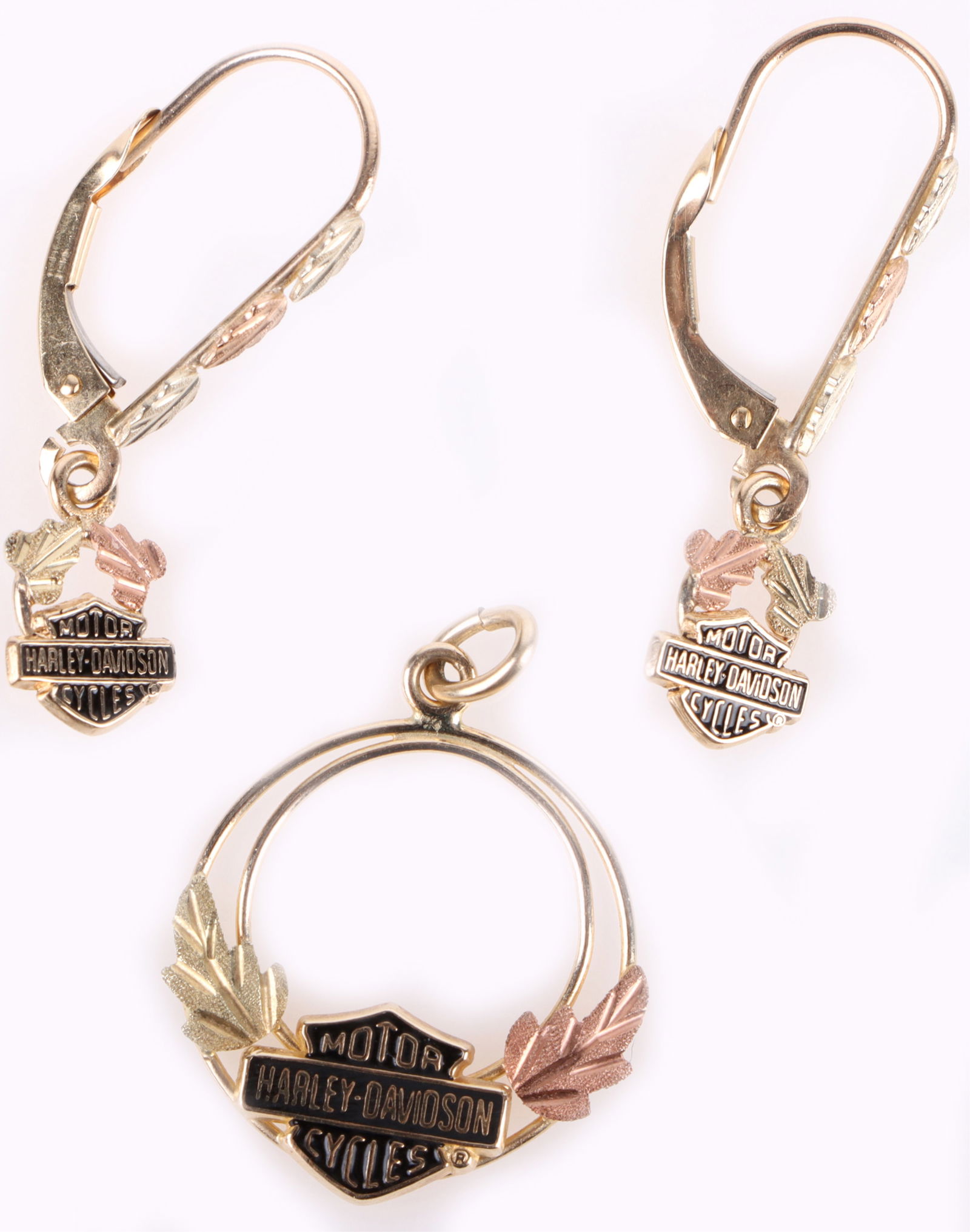10K TRI-GOLD HARLEY DAVIDSON PENDANT & EARRINGS (1 of 5)