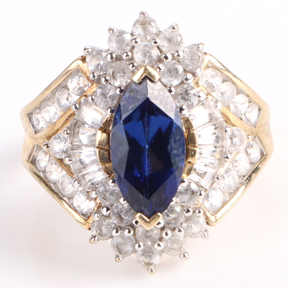 10K YELLOW GOLD WHITE & BLUE SAPPHIRE LADIES RING (1 of 4)