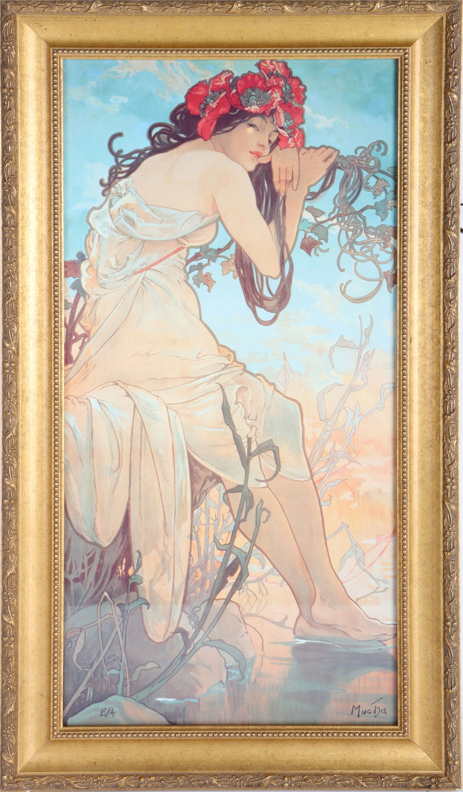 ALPHONSE MUCHA ART NOUVEAU FRAMED PORTRAIT PRINT: 180009 ALPHONSE MUCHA ART NOUVEAU FRAMED PORTRAIT PRINT Alphonse Mucha (1860-1939, Czech) Art Nouveau print of a woman wearing a poppy crown. This print comes with a beautiful frame and glass. Alphons