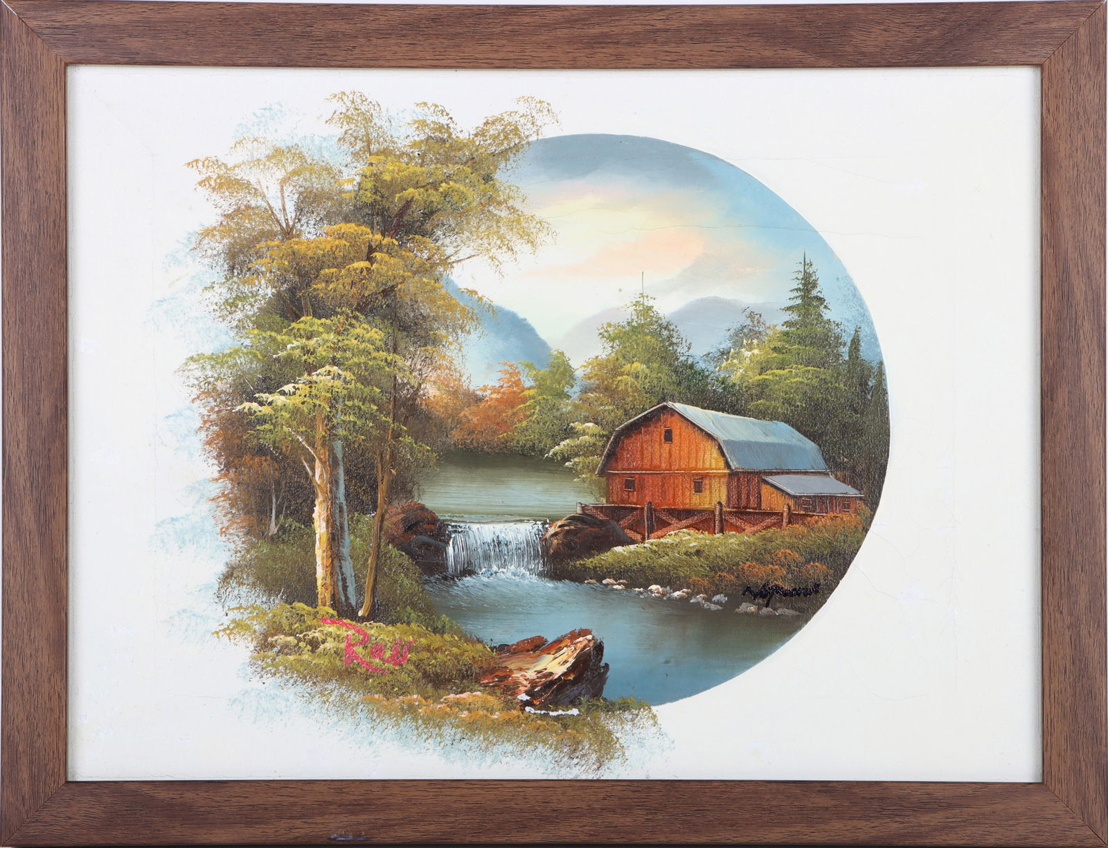 BOB ROSS LANDSCAPE OIL ON CANVAS IN THE MANNER OF: 180047 BOB ROSS LANDSCAPE OIL ON CANVAS IN THE MANNER OF Bob Ross (1942-1995, American) Landscape in the manner of Bob Ross by an unknown artist. Robert Norman Ross was an American painter and art ins