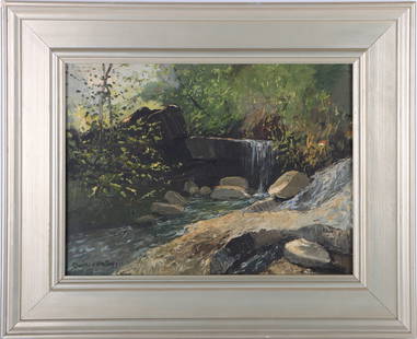 CHARLES WOODBURY ORIGINAL WATERFALL PAINTING AFTER: 180052 CHARLES WOODBURY ORIGINAL WATERFALL PAINTING AFTER Charles Herbert Woodbury (1864-1940, American) original acrylic waterfall painting in the manner of. This painting was made in the same