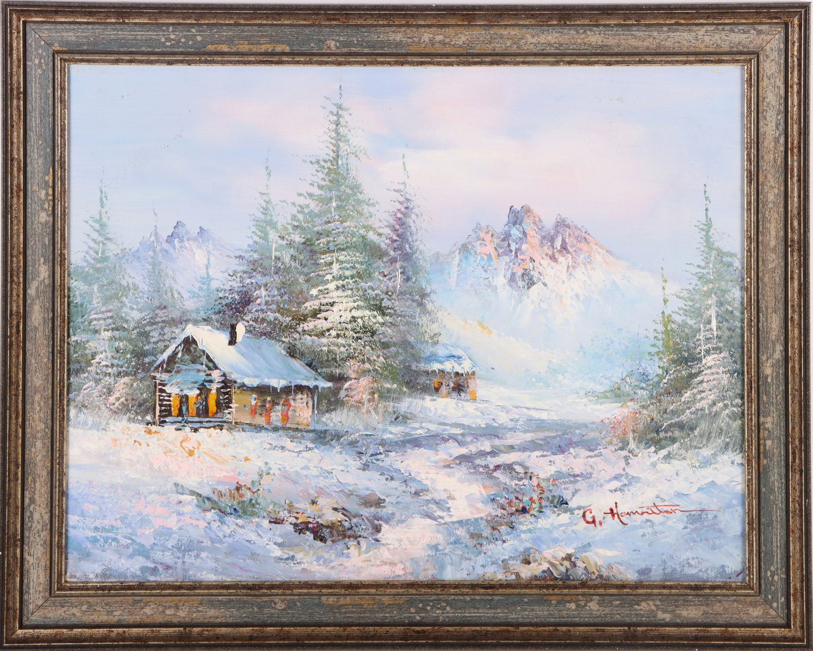 GEORGE HAMILTON ORIGINAL SNOWSCAPE PAINTING AFTER: 180087 GEORGE HAMILTON ORIGINAL SNOWSCAPE PAINTING AFTER George Hamilton (British) original acrylic snow scape painting in the manner of. This painting was made in the same style and technique as Hami