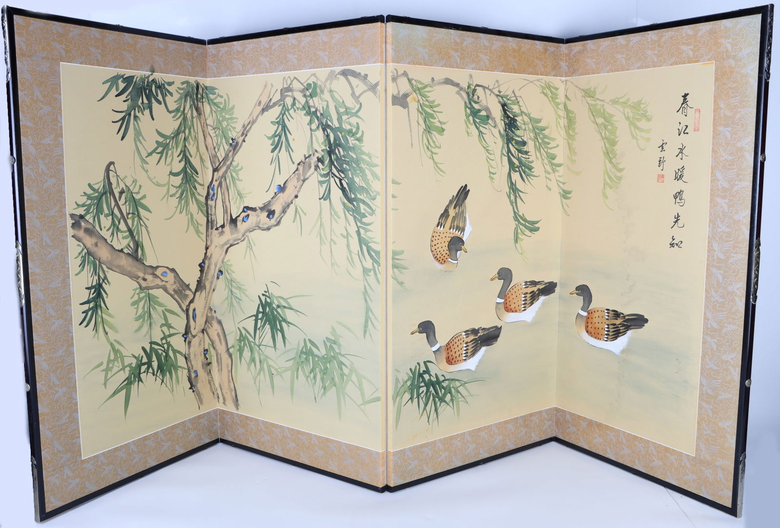 DUCKS UNDER A TREE 4-PANEL CHINESE SILK SCREEN (1 of 7)