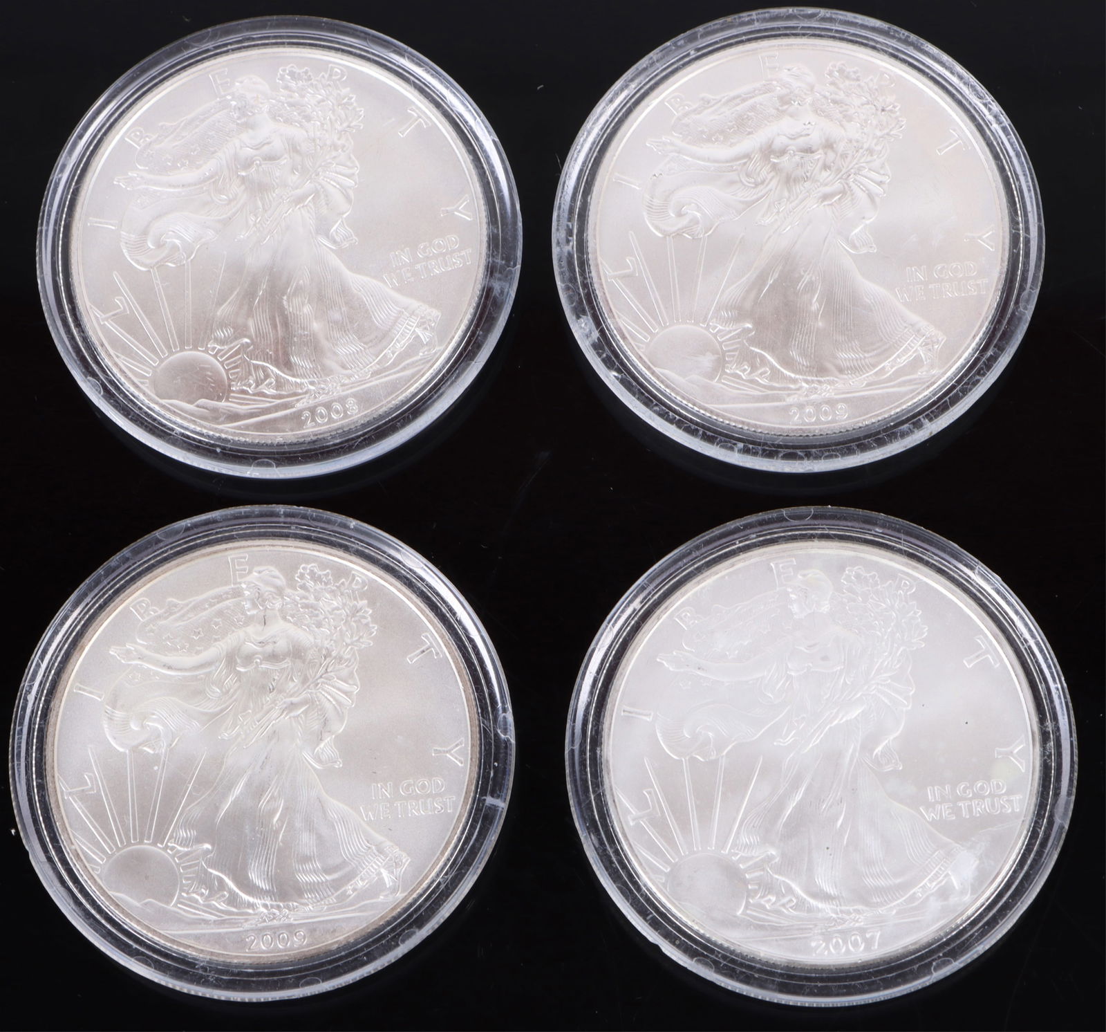 2000'S WALKING LIBERTY 1OZ .999 SILVER DOLLAR - 4: 183354 2000'S WALKING LIBERTY 1OZ .999 SILVER DOLLAR - 4 To include: - 2007, 2008, and two 2009 Walking Liberty 1 oz. .999 Fine Silver Dollar. Proof in Capsule. Condition: Proof in Capsule. See images
