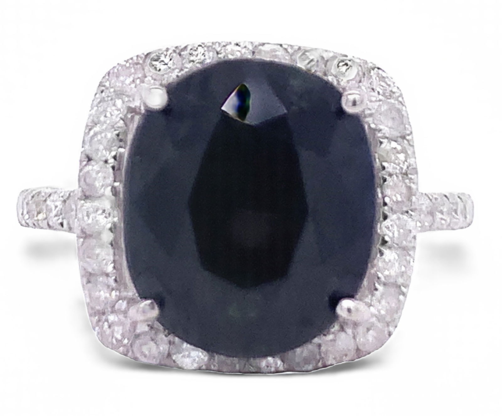 10.26CT BLUE SAPPHIRE & 0.72CTW DIA 14K GOLD RING: 184016 10.26CT BLUE SAPPHIRE & 0.72CTW DIA 14K GOLD RING One polished, stamped, and tested 14K white gold ring with a bright finish. The ring is mounted with: 1 genuine sapphire stone weighinv, approx