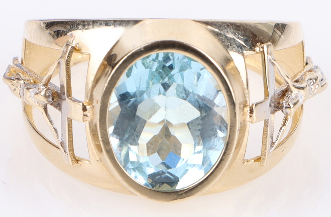BLUE TOPAZ CRUCIFIXION UNISEX 14K YELLOW GOLD RING (1 of 3)