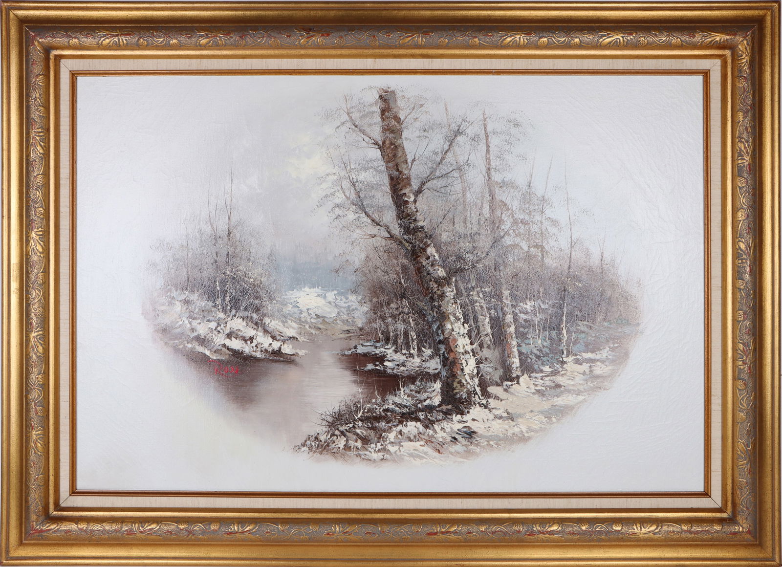 BOB ROSS WINTER SCENE PAINTING IN THE MANNER OF: 185225 BOB ROSS WINTER SCENE PAINTING IN THE MANNER OF Bob Ross (1942-1995, America) large winter scene oil painting done by an unknown artist in the manner of Bob Ross. Heavy impasto and some craquel