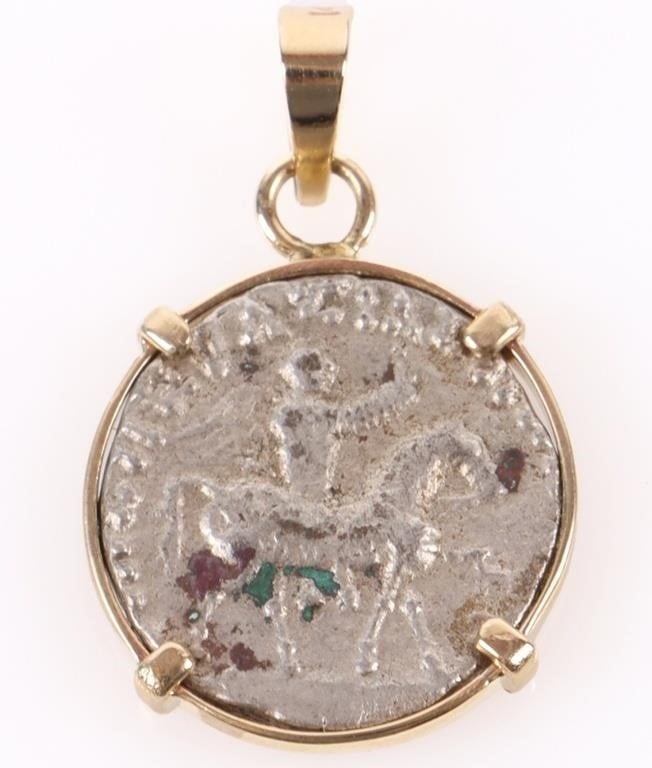 KING AZES 1 TETRA DRACHM SILVER COIN 14K PENDANT (1 of 2)