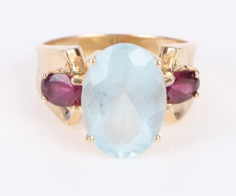 6.0CT NATURAL  AQUAMARINE & GARNET 14K GOLD RING (1 of 3)