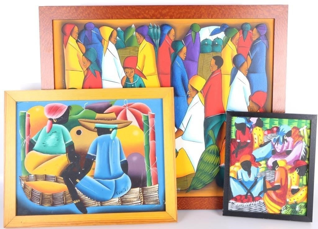 SIGNED ORIGINAL HAITIAN MARKET OIL PAINTINGS - (3) (1 of 7)
