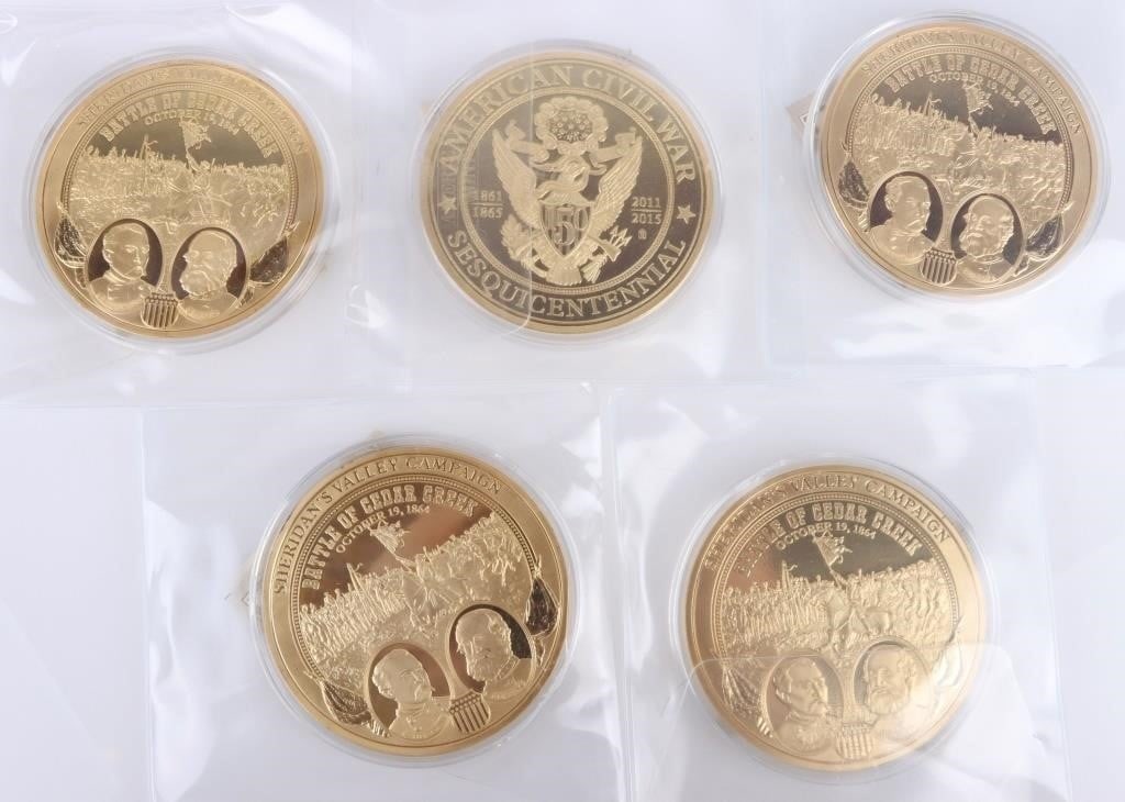 2014 SHERIDAN'S VALLEY CAMPAIGN JUMBO COINS - (5): 2014 Sheridan's Valley Campaign jumbo coins to include a case and certification of authenticity for each coin. Each coin is composed of a copper base layered with 24K yellow gold with a diameter of 70