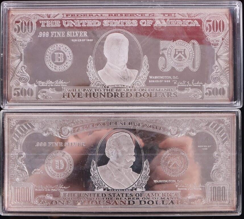 FINE SILVER U.S 1000 & 500 DOLLAR 4.4 OZ BARS -(2) (1 of 5)