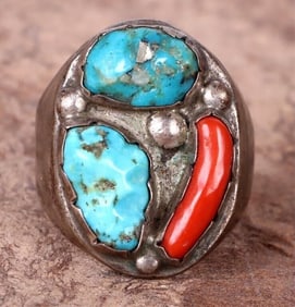 HEAVY STERLING SILVER TURQUOISE & CORAL RING