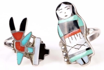 TWO STERLING SILVER MULTI GEM SIGNED RINGS - (2)