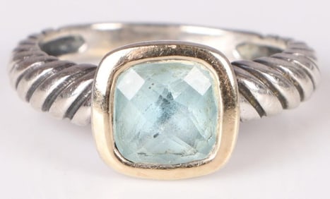14K WHITE GOLD & 0.925 SILVER BLUE TOPAZ RING