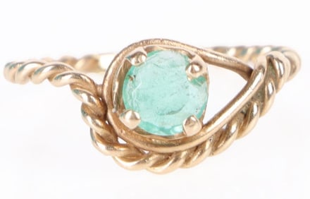 14K YELLOW GOLD EMERALD LADIES ROPE TWIST RING