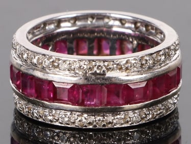 18K WHITE GOLD NATURAL RUBY DIAMOND LADIES RING