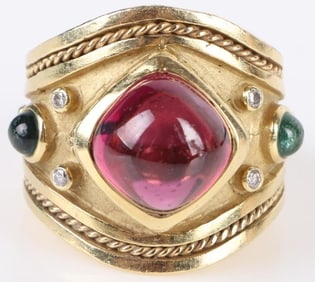 18K GOLD TOURMALINE DIAMOND EMERALD CABOCHON RING