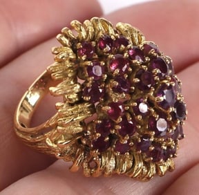~8.4CTW RUBY 18K YELLOW GOLD ORNATE RING 22 GRAMS