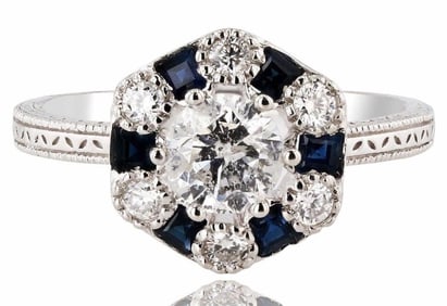 0.65CT DIAMOND 0.32CTW BLUE SAPPHIRE PLATINUM RING