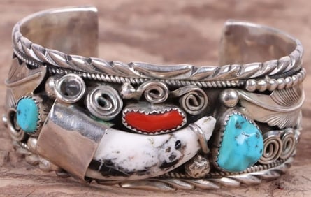 STERLING SILVER TURQUOISE CORAL NAVAJO BRACELET